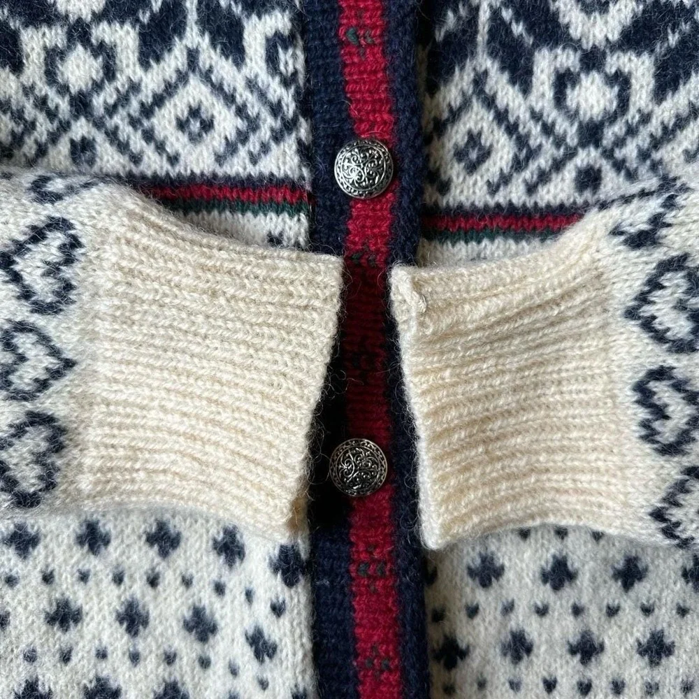 LL Bean Vintage Nordic Fair Isle Wool Sweater M Cream Multi Knit Button Front - Picture 5 of 10